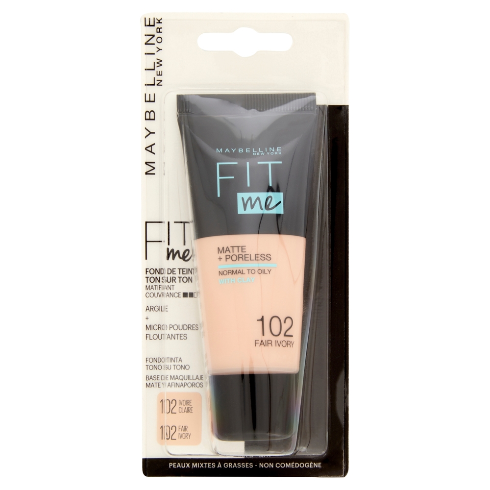 Maybelline New York Fondotinta Coprente Opacizzante Fit Me Matte & Poreless, 102 Fair Ivory